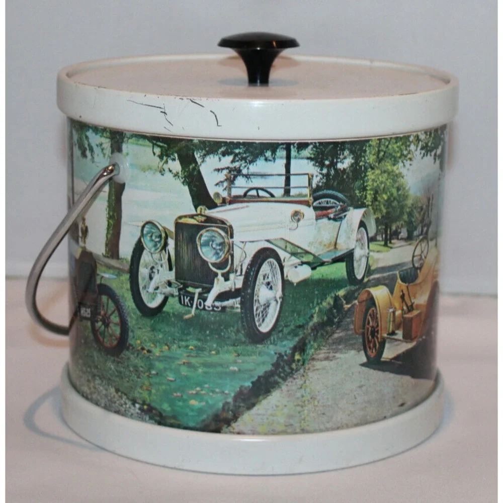 vintage metal ice bucket with plastic insert & handle old time cars Hong Kong